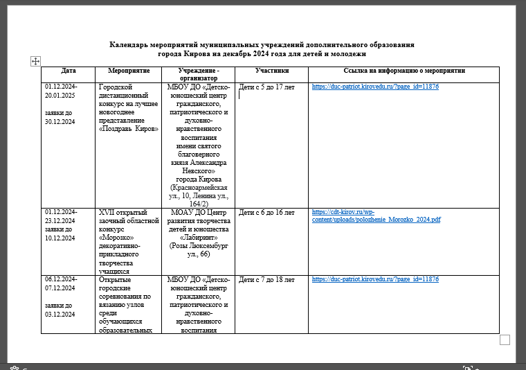 Календарь мероприятий для детей и молодёжи..